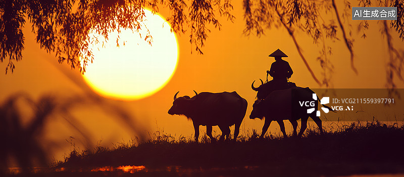 【AI数字艺术】夕阳下的牧牛人剪影图片素材