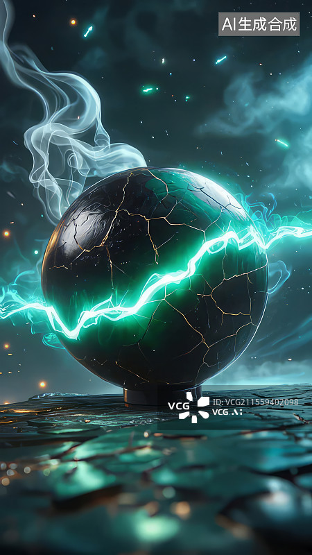 【AI数字艺术】墨玉能量场 黑曜石裂纹翡翠绿能量流3D渲染神秘艺术壁纸图片素材