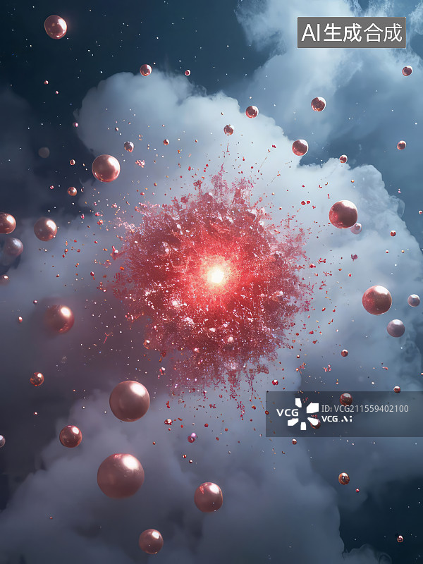 【AI数字艺术】玫瑰金星尘 雾状微粒铜红光核珍珠白发光3D渲染浪漫壁纸图片素材