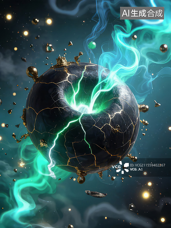 【AI数字艺术】墨玉能量场 黑曜石裂纹翡翠绿能量流3D渲染神秘艺术壁纸图片素材