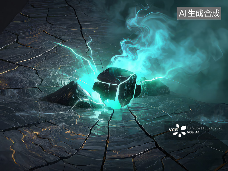 【AI数字艺术】墨玉能量场 黑曜石裂纹翡翠绿能量流3D渲染神秘艺术壁纸图片素材