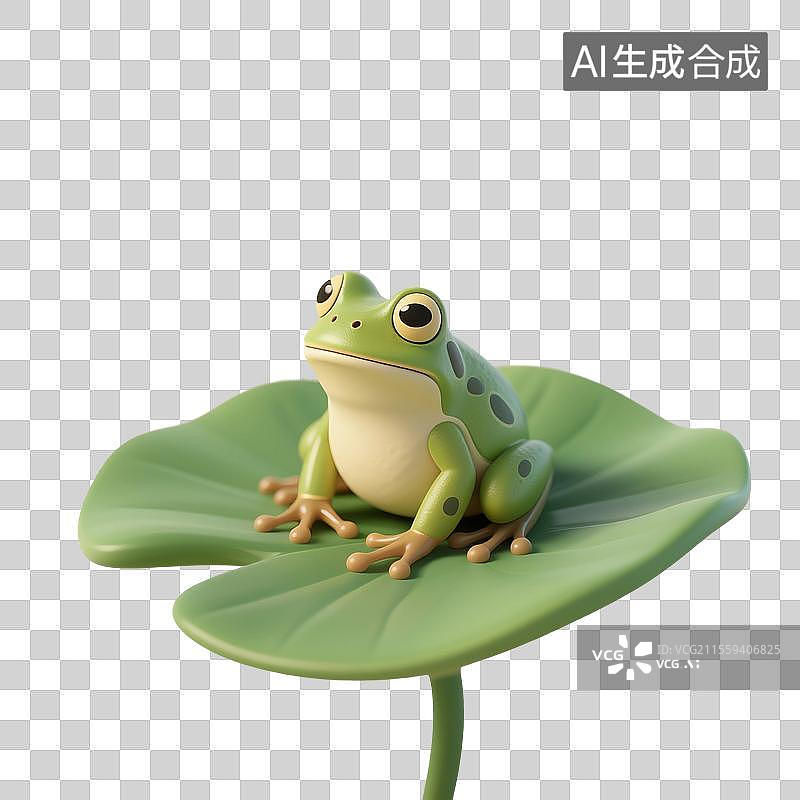 【AI数字艺术】3D渲染卡通动物，荷叶上的小青蛙，夏天，青蛙，免抠元素图片素材