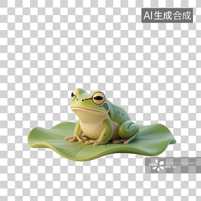 【AI数字艺术】3D渲染卡通动物，荷叶上的小青蛙，夏天，青蛙，免抠元素图片素材