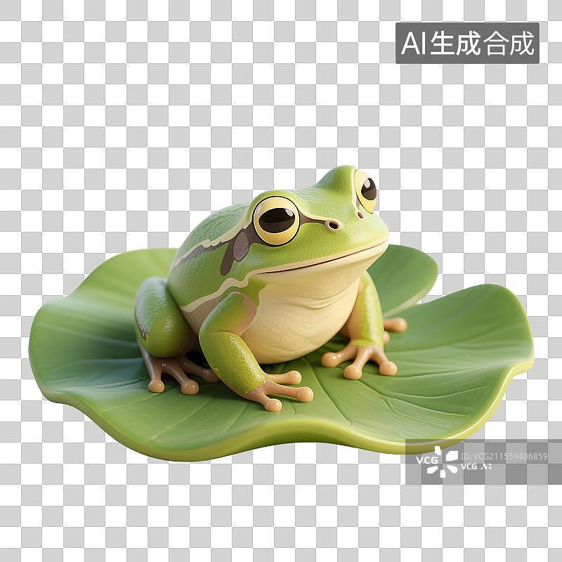 【AI数字艺术】3D渲染卡通动物，荷叶上的小青蛙，夏天，青蛙，免抠元素图片素材