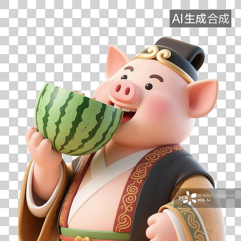 【AI数字艺术】3D渲染，西游记卡通人物形象，猪八戒，猪八戒吃西瓜，免抠元素图片素材