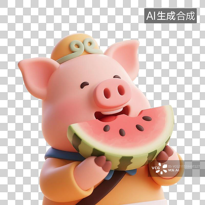【AI数字艺术】3D渲染，西游记卡通人物形象，猪八戒，猪八戒吃西瓜，免抠元素图片素材