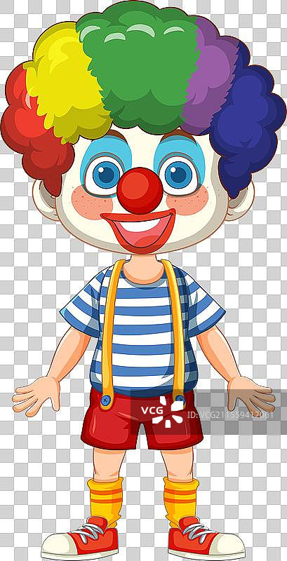 快乐的小丑，拥有彩虹色的头发和红色的鼻子图片素材