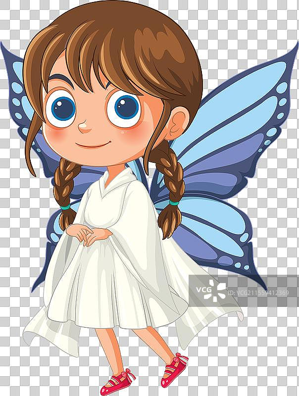 微笑的卡通仙女，拥有巨大的蓝色翅膀图片素材