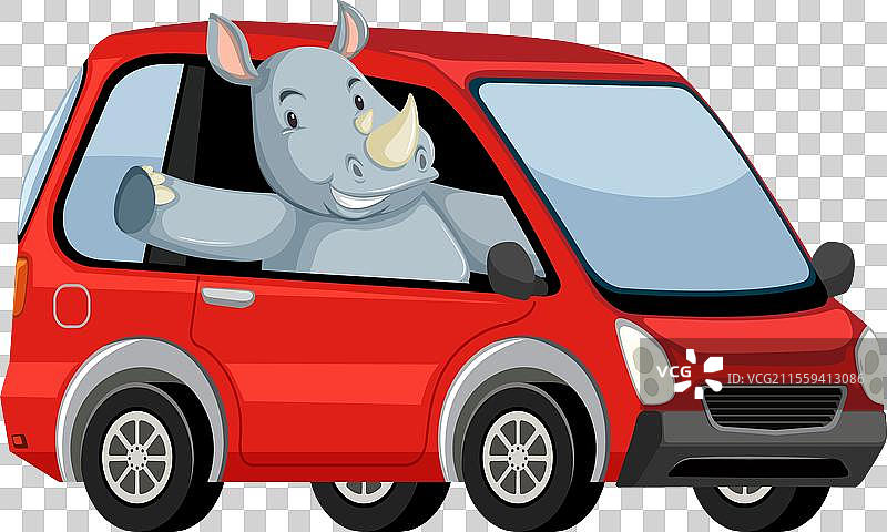 快乐的卡通犀牛驾驶着一辆小红车图片素材