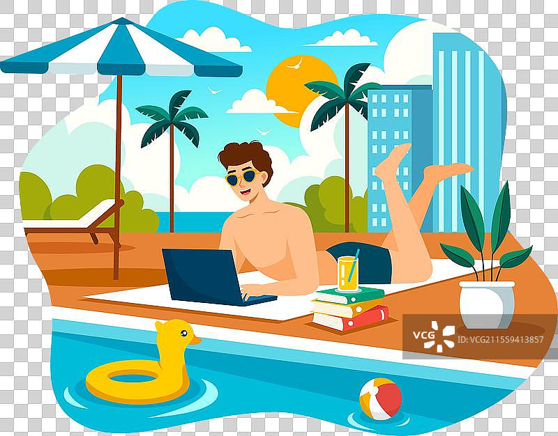 自由职业者在游泳池旁放松图片素材