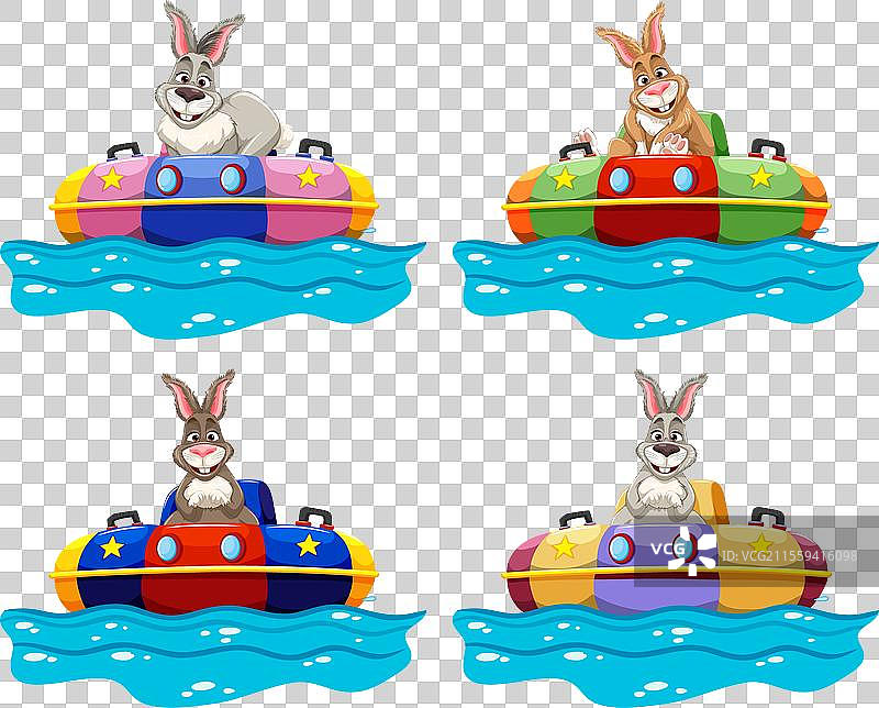 四只兔子在碰碰船上享受快乐的时光图片素材