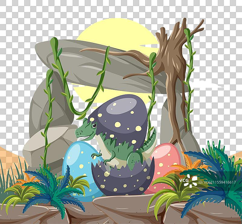 小恐龙从五彩斑斓的蛋中孵化出来图片素材