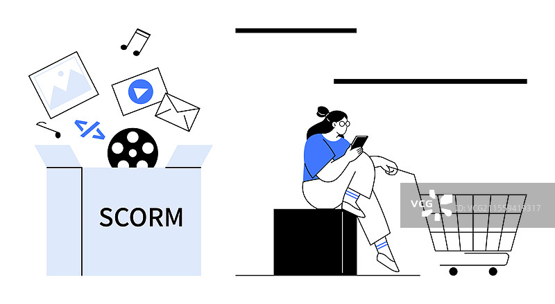 使用手机购物的人与SCORM包图片素材