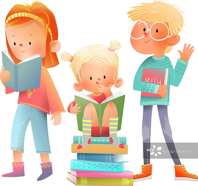 女孩和男学生一起阅读书籍图片素材