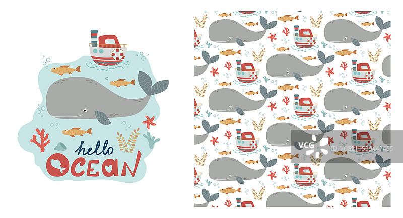 有趣的婴儿图案，包含抹香鲸和蒸汽船图片素材