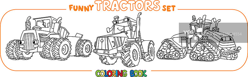 有趣的带眼睛的拖拉机涂色书套装图片素材