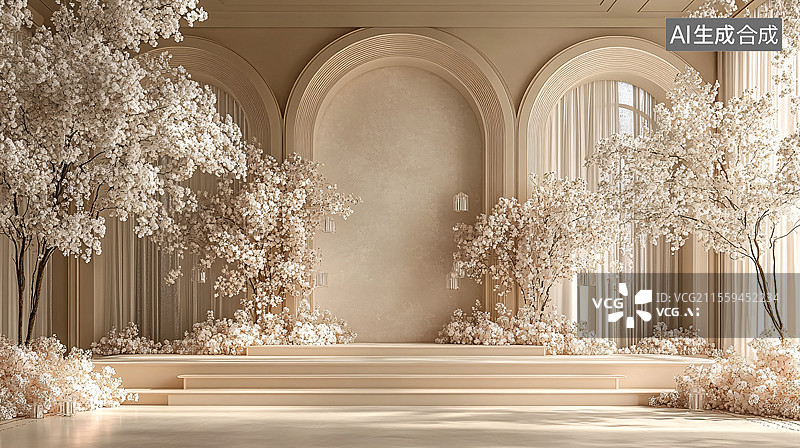 【AI数字艺术】3D婚礼舞台铁板拱门水晶灯图片素材