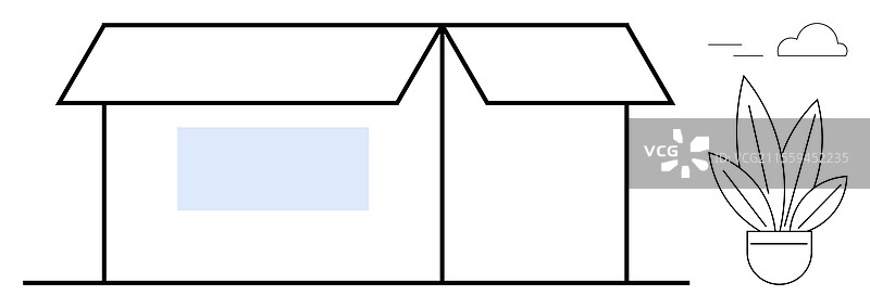 极简风格的房子，带窗户和可爱的盆栽植物图片素材