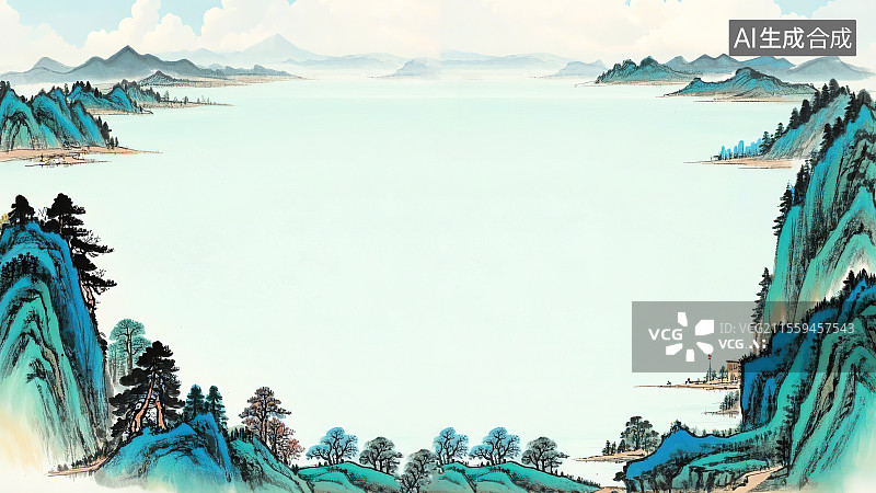 【AI数字艺术】复古中国风水墨画最大背景，新国风绿水青山环绕千里江山图青绿山水中国画工笔画山水画装饰画kv展览板图片素材
