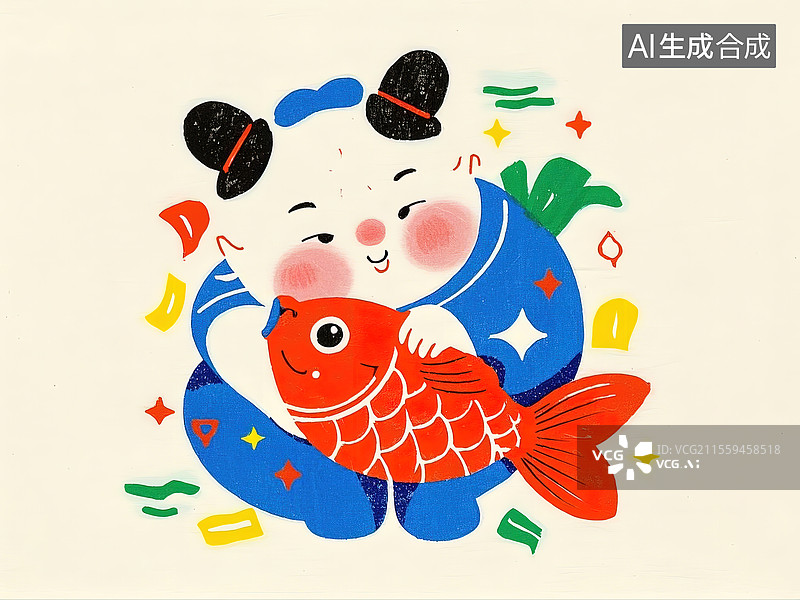 【AI数字艺术】色彩鲜艳的中国古典风格的版画娃娃抱鱼图片素材
