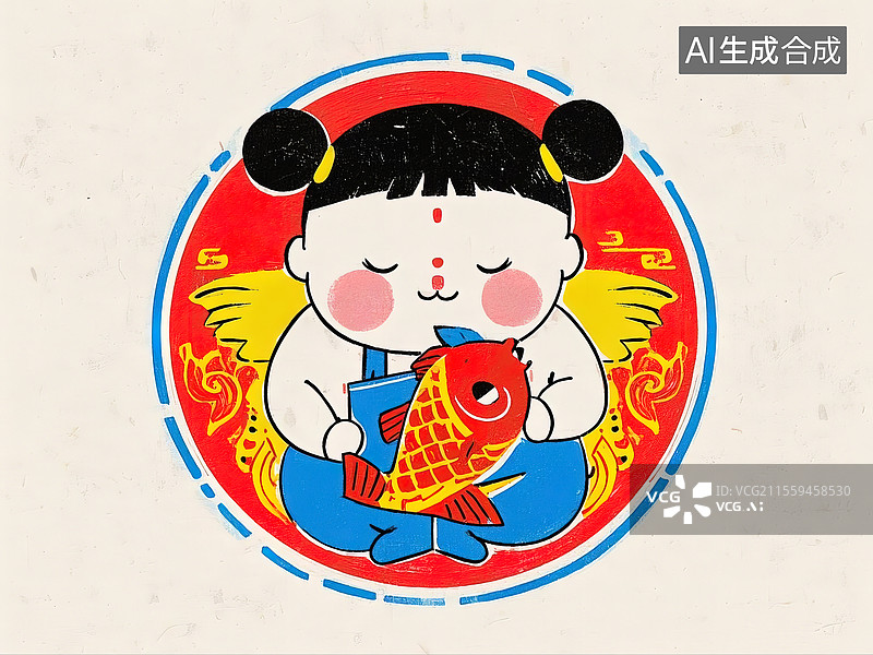 【AI数字艺术】色彩鲜艳的中国古典风格的版画娃娃抱鱼图片素材