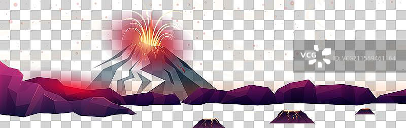 火山喷发与流动的熔岩河自然景观图片素材