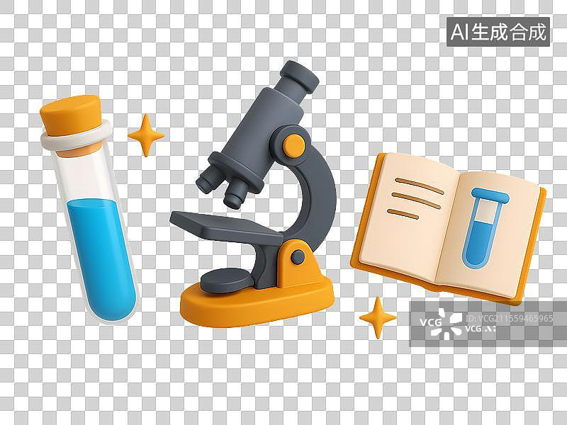【AI数字艺术】科学研究3D图标 - 显微镜与实验元素组合图片素材