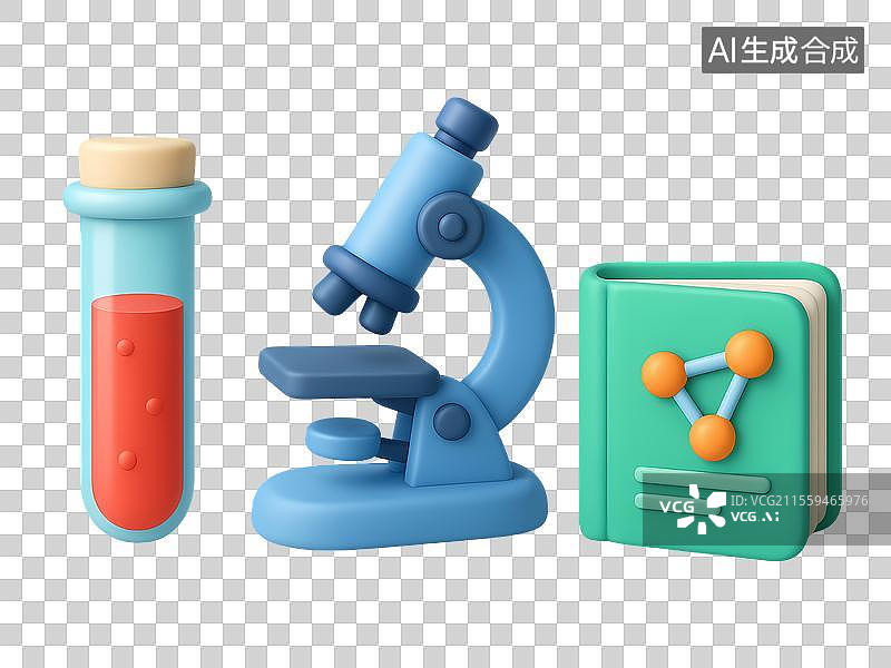 【AI数字艺术】科学研究3D图标 - 显微镜与实验元素组合图片素材