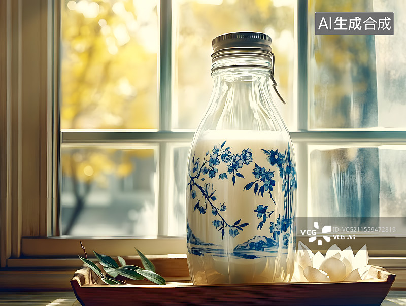 【AI数字艺术】青花瓷国风玻璃瓶，牛奶瓶图片素材