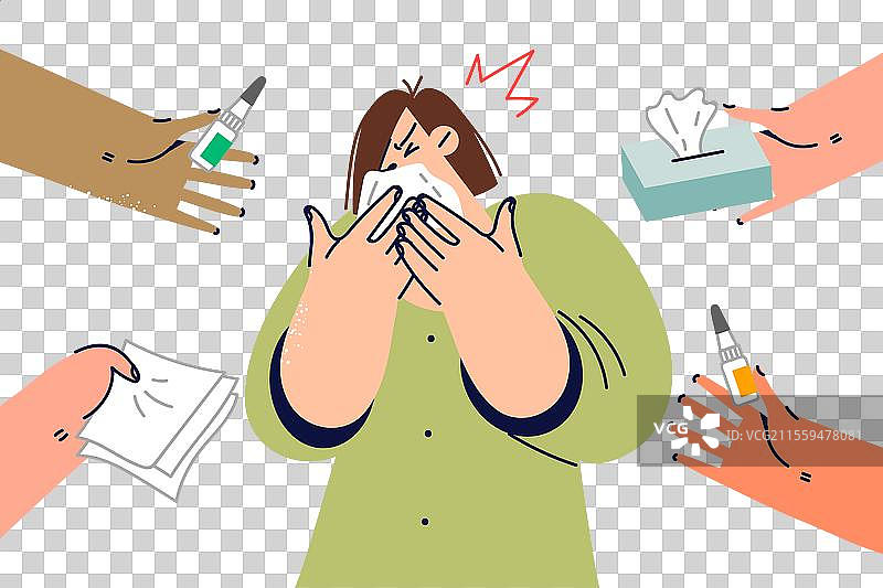 站着的女人用手帕擦鼻涕图片素材