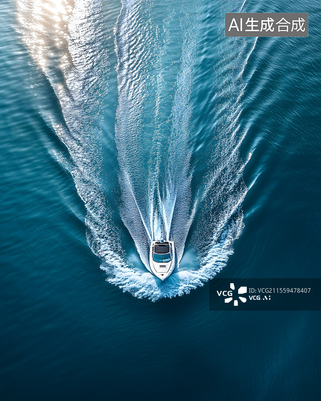 【AI数字艺术】畅游在碧蓝大海中的小艇，小艇在河面上滑行，映射出宁静的水波韵律。图片素材