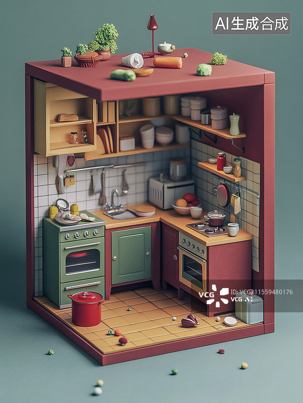 【AI数字艺术】微型厨房模型展示图片素材