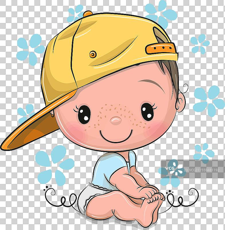 可爱的卡通男婴戴着黄色帽子坐着图片素材