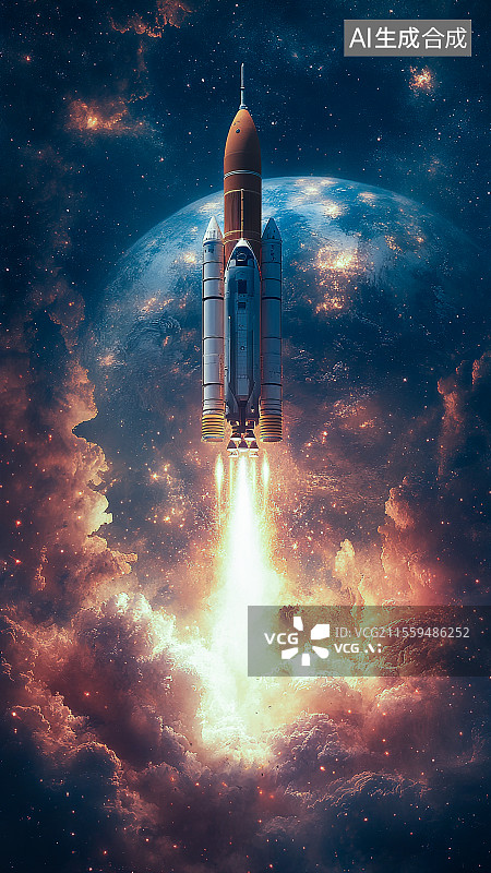 【AI数字艺术】航天日主题 火箭发射升空焰火升腾 地球星球宇宙太空 写实科幻电影震撼大片场景概念设计背景素材图片素材