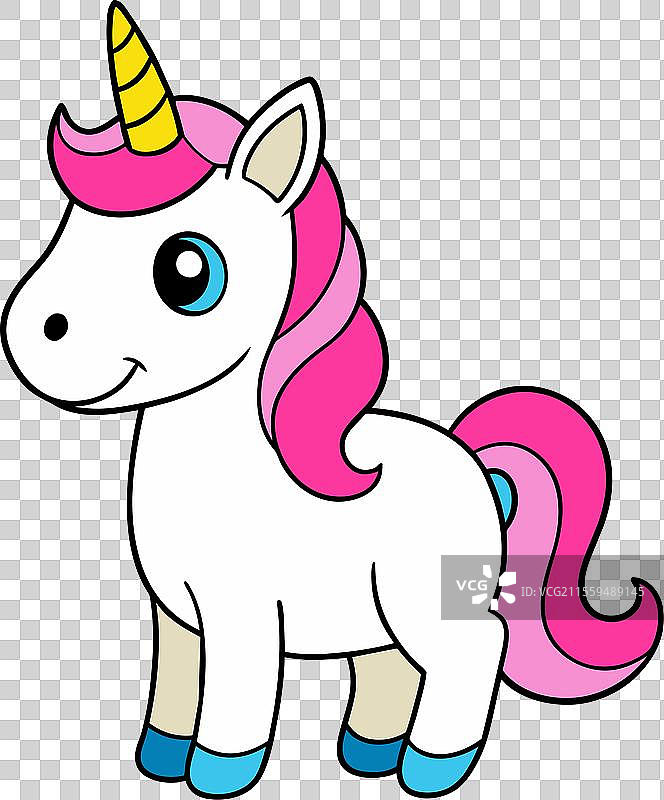 一只拥有粉色鬃毛和角的卡通独角兽图片素材