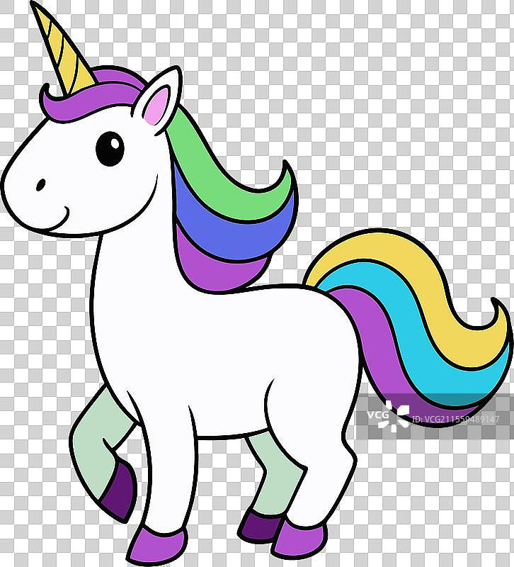 一只拥有彩虹鬃毛和尾巴的卡通独角兽图片素材