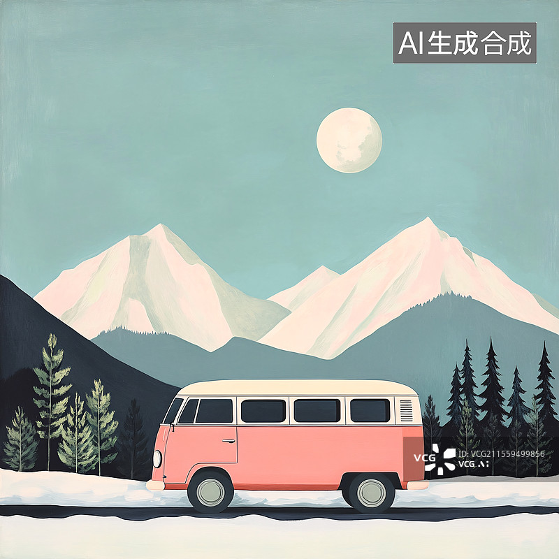 【AI数字艺术】雪山下的复古面包车图片素材