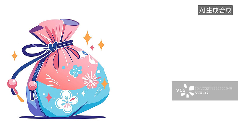 【AI数字艺术】2D卡通居左背景趣味扁平元素，荷包福袋幸运吉祥物挂件节日祝福装饰元素系带打结图片素材