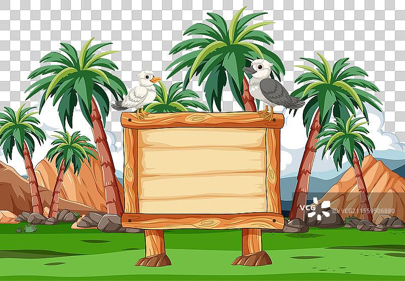 两只鸟栖息在热带环境中的标志上图片素材