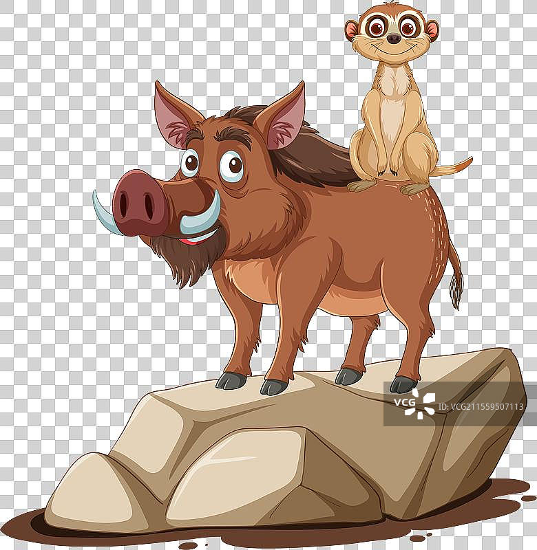 卡通猴子和野猪站在岩石上图片素材