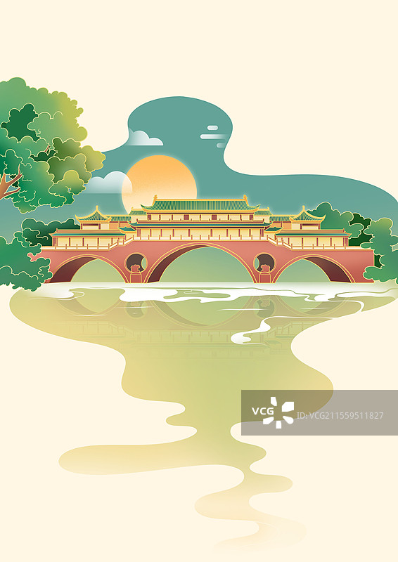 成都安顺廊桥国风插画图片素材