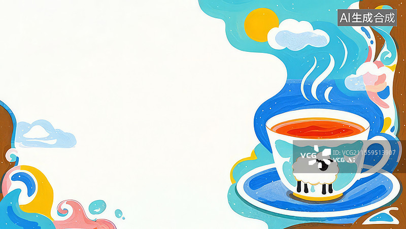 【AI数字艺术】2D卡通居右-茶杯气象站 骨瓷白茶杯绵羊蒸汽皴擦手绘温暖装饰壁纸图片素材
