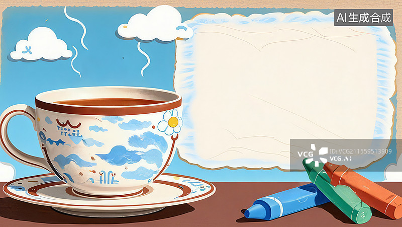 【AI数字艺术】2D卡通居左-茶杯气象站 骨瓷白茶杯绵羊蒸汽皴擦手绘温暖装饰壁纸图片素材