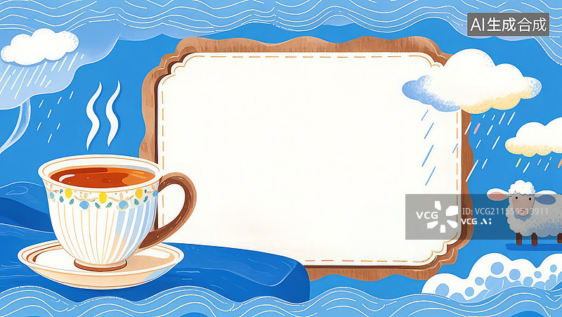 【AI数字艺术】2D卡通两侧-茶杯气象站 骨瓷白茶杯绵羊蒸汽皴擦手绘温暖装饰壁纸图片素材