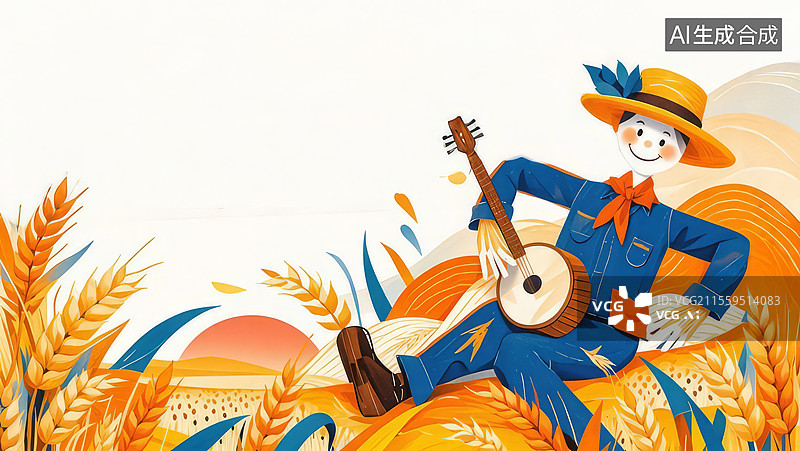 【AI数字艺术】2D卡通居右- 稻草人音乐节 麦田金稻草人手鼓点彩手绘秋天装饰壁纸图片素材