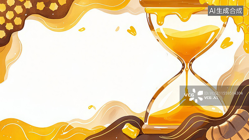 【AI数字艺术】2D卡通居右-蜂蜜沙漏 蜂蜜金流动花瓣厚涂叠色手绘自然装饰壁纸图片素材