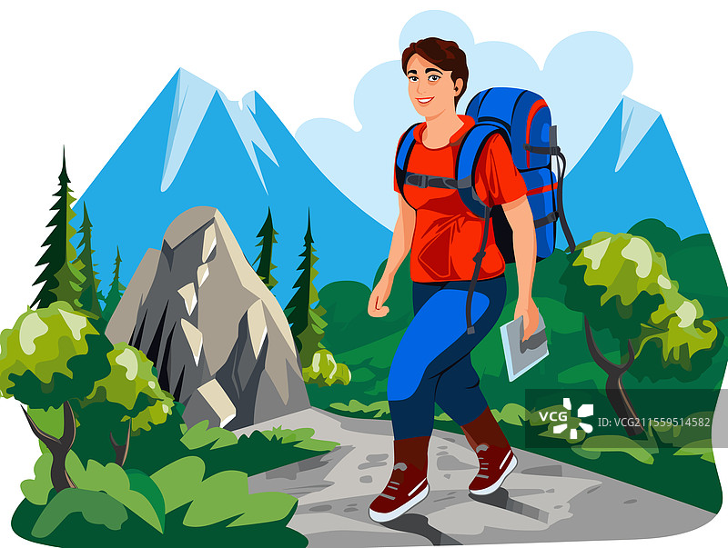 年轻男性徒步旅行者在山间小径上行走，享受大自然图片素材