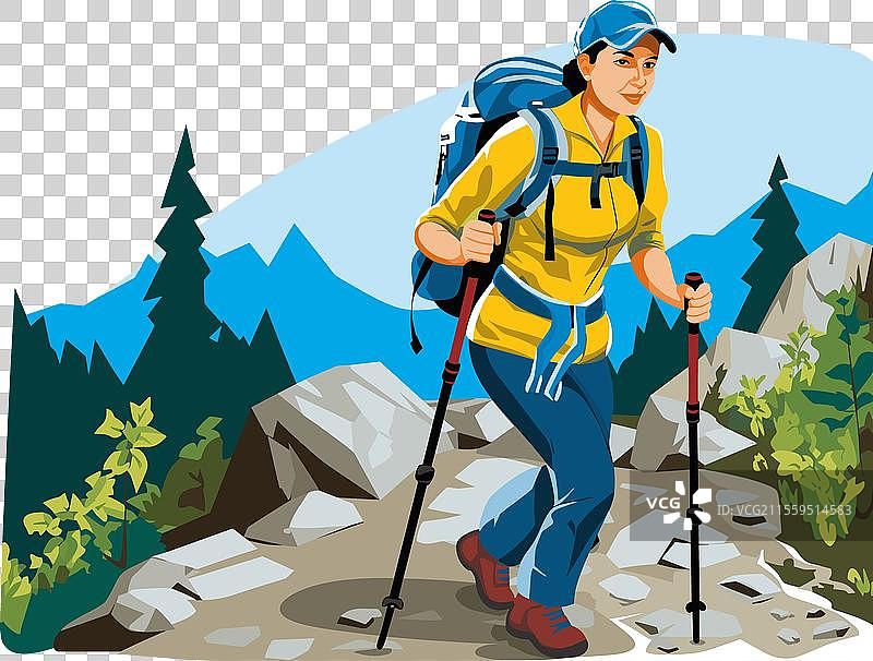 戴着蓝色帽子的女性登山者在山中徒步旅行图片素材