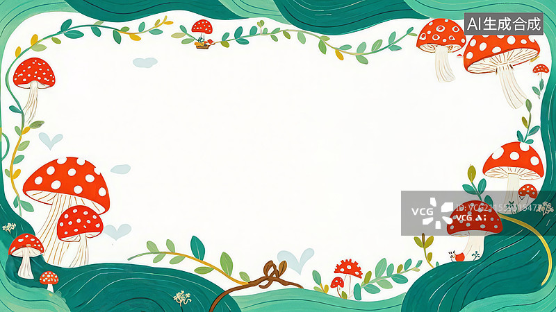 【AI数字艺术】2D卡通环绕-蘑菇热气球 伞菌红蜗牛家族蜡笔排线手绘探险壁纸图片素材