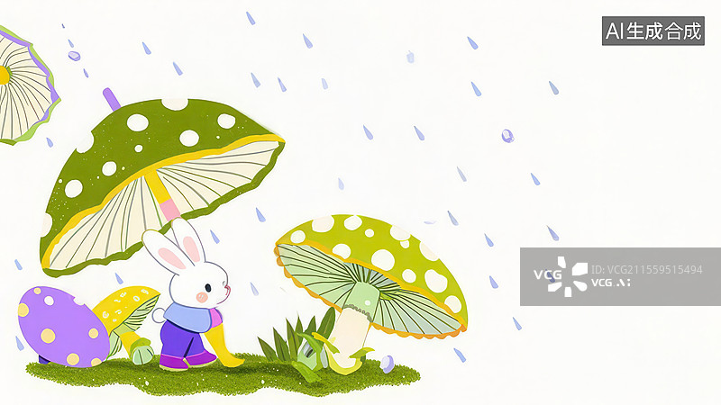 【AI数字艺术】2D卡通左下-蘑菇雨伞铺 紫丁香蘑菇兔子雨靴湿画法手绘童话壁纸图片素材